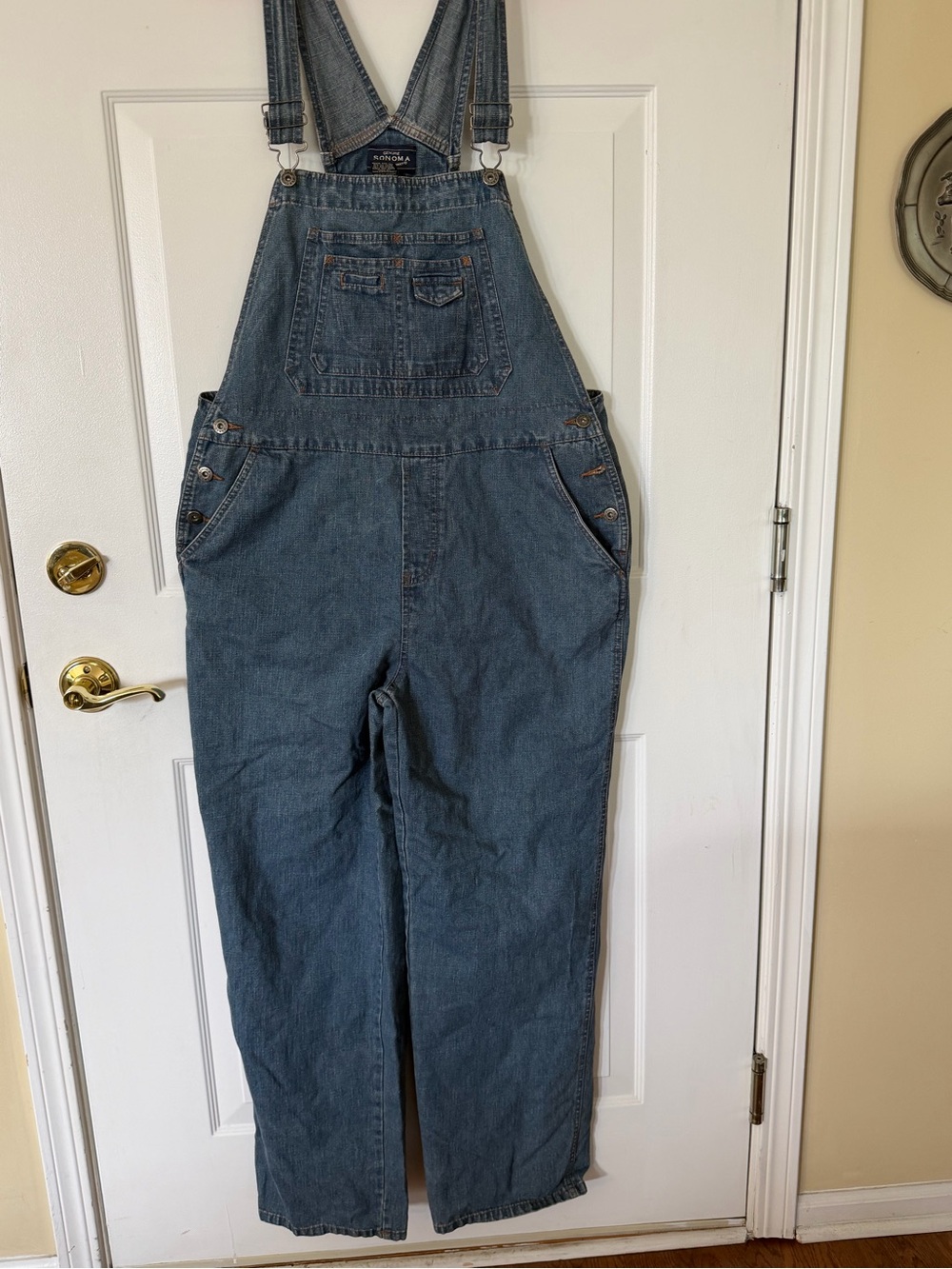 Sonoma Women's Denim Overalls large Blue Adjustable Straps Button Closure
